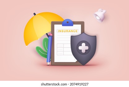 Health Insurance Contract. Health Insurance Concept. 3D Web Vector Illustrations.