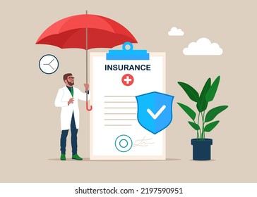 Health insurance contract. Doctor look at contract and holding an umbrella. Vector illustration of insurance concept.