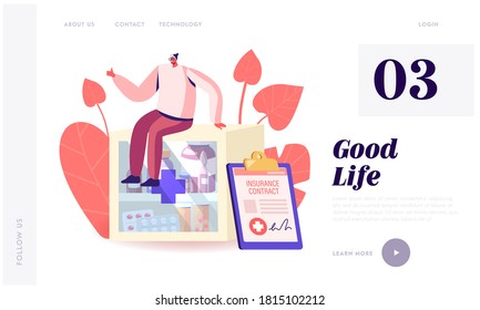 Health Insurance Contract Landing Page Template. Tiny Male Character Sitting on Huge Shelf with Medical Pills, Drugs and Tablets, Medical Protection for Life Guarantee. Cartoon Vector Illustration