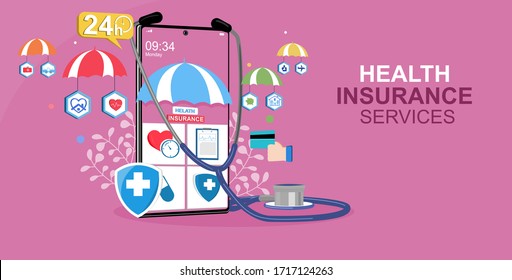 Health insurance contract on mobile. Insurance online concept. Insurance on mobile.Healthcare, finance and medical service. Vector illustration about Insurance.