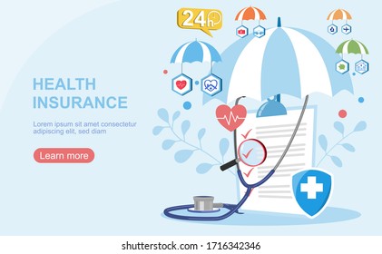 Health insurance contract is under the umbrella.Healthcare, finance and medical service. Vector illustration about health insurance.