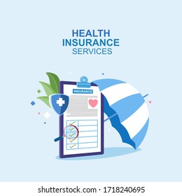 Health Insurance Contract Is Under The Umbrella.Healthcare, Finance And Medical Service. Vector Illustration About Health Insurance.