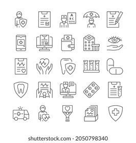 Health Insurance Coverage. Icons For Medical Websites, Graphic Elements For Pages. Private Clinic, Medical Services, Outline, Line Art. Cartoon Flat Vector Illustration Isolated On White Background