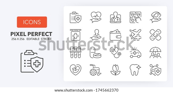 Health insurance coverage thin line icon set.\
Outline symbol collection. Editable vector stroke. 256x256 Pixel\
Perfect scalable to 128px,\
64px...