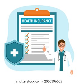 Health Insurance With Doctor And Medical Shield In Flat Design. Medical Insurance Service Concept.