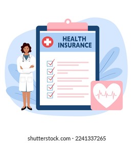 Health insurance document with doctor in flat design. Medical insurance service concept.