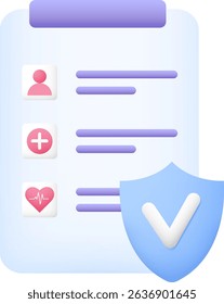 Health insurance document icon cartoon vector illustration. Medical policy with patient details, cross symbol, heartbeat, and security shield. Healthcare protection, medical safety concept