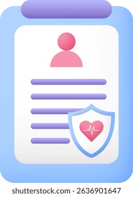 Health insurance document icon cartoon vector illustration. Medical coverage document with patient profile and heartbeat shield. Healthcare protection, medical safety, wellness guarantee concept