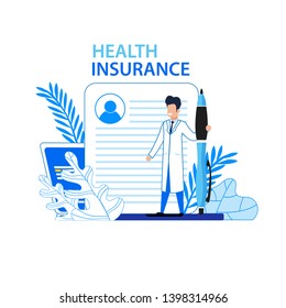 Health Insurance Flat Advertising Medical Banner. Vector Doctor with Huge Pen Standing ahead Patient Profile. Vector Offering Premium Quality Service. Healthcare and Medicine Illustration