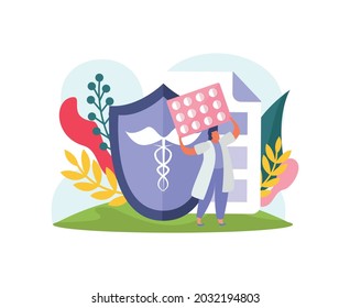 Health insurance flat icon with colorful shield and character holding blister with medication vector illustration