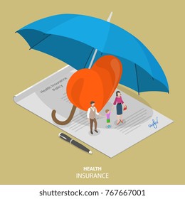 Health insurance flat isometric vector concept. People are standing on the signed health insurance policy, near them are a big heart symbol and all those elements are covered by the big umbrella.