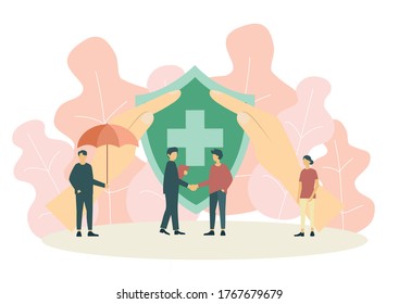 Health Insurance Flat Vector Concept. Parents with Child Taking Policy From Agent or Insurance Company Manager, Hands Embracing Human Heart Illustration. Life Safety and Medical Care Guarantee