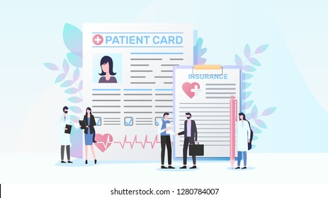 Health Insurance Flat Vector Poster or Banner with Man Buying Insurance Policy, Doctors Discussing Patients Health Status in Medical Card Illustration. Disease Risk Class for Insurance Program Concept