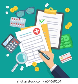 Health insurance form concept vector illustration.The hand fills the form of medical insurance. Flat design graphic elements. Medical equipment, money, prescription medications.