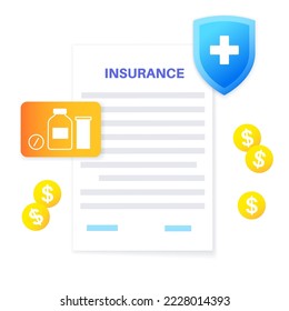 Health insurance form. Healthcare and life protection concept. Agreement document, purchase insurance plan. Consultation with drug store, clinic, hospital. Financial coverage flat vector illustration.