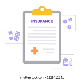 Health insurance form. Healthcare and life protection concept. Agreement document, purchase insurance plan. Consultation with drug store, clinic, hospital. Financial coverage flat vector illustration.