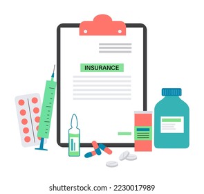 Formulario de seguro de salud. El concepto de salud y protección de la vida. Documento de contrato, plan de seguro de compra. Consulta con farmacia, clínica, hospital. Ilustración vectorial plana de cobertura financiera.