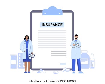 Health insurance form. Healthcare and life protection concept. Agreement document, purchase insurance plan. Consultation with drug store, clinic, hospital. Financial coverage flat vector illustration.