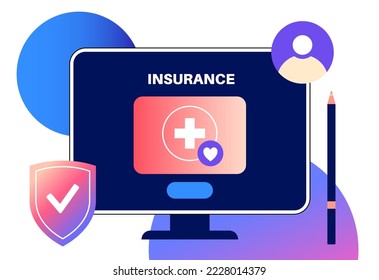 Health insurance form online. Healthcare and life protection concept. Digital agreement, purchase insurance plan on the internet on computer. Clinic or hospital financial coverage vector illustration