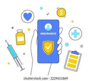 Health insurance form online. Healthcare and life protection concept. Digital agreement, purchase insurance plan on internet on smartphone. Clinic or hospital financial coverage vector illustration