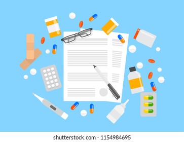 Health insurance form. Pills lying around the paper document. Medicine amd healthcare