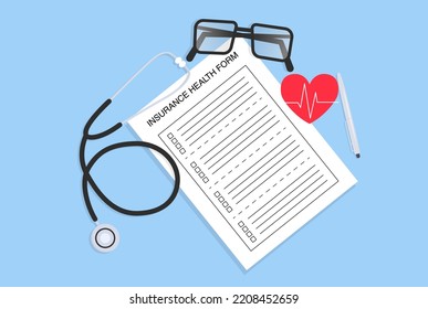 Health insurance form vector banner. Stethoscope and glasses lying on a piece of paper