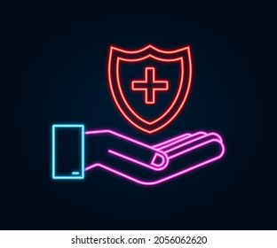 Health insurance. Hands holding insurance neon sign. Medical protection, medical insurance concepts. Flat design. Vector stock illustration.
