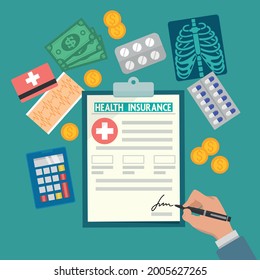 Health insurance, healthcare concept. Health insurance form, calculator, pen, card, money, X ray report, coins, pills flat design graphic elements, flat icons set. Vector illustration 