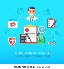 Health Insurance. Healthcare, Medicine. Flat Design Graphic Elements, Line Icons Set. Premium Quality. Modern Concept For Web Banners, Websites, Infographics, Printed Materials. Vector Illustration