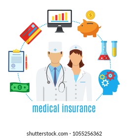 Health insurance. Healthcare, medicine. Medical staff surrounded by elements for life and health insurance. Flat design graphic elements, line icons set. Vector banner concept with icons.