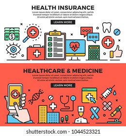 Health insurance, healthcare and medicine web banners set. Line art concepts. Creative modern flat design outline graphic elements, line icons, linear symbols, templates. Vector illustration