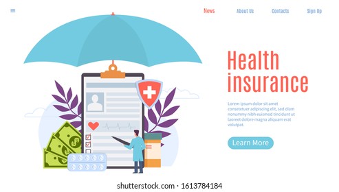 Health Insurance. Healthcare, Patient Insurance, Human Life Protection. Treatment Benefits, Emergency Service Website Page Vector Hospital Applications Forms Design