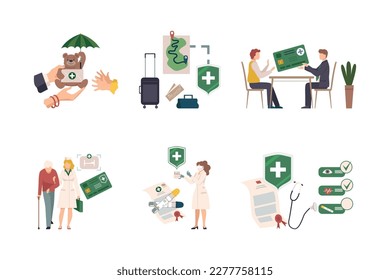 Health insurance. Hospital and medical care. Patients filling health and life insurance policy contract in medical clinic flat vector illustration