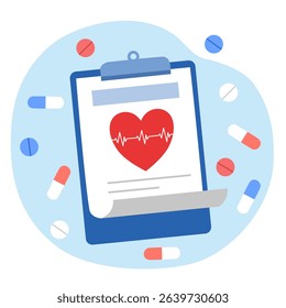 Health insurance icon concept. Life insurance, family health care protection. Big clipboard with document checklist. Healthcare, finance and medical service. Isolated vector illustration