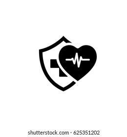 Health Insurance Icon. Flat Design. Isolated Illustration. Heart with pulse and a shield with a cross behind them.