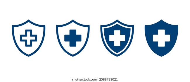 Health insurance icon. Medical health protection shield with cross set icons. Safety badge icon Healthcare medicine protected guard shield label concept.