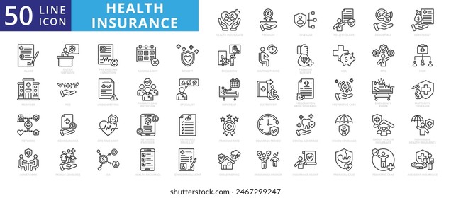 Health insurance icon set with premium, coverage, policyholder, deductible, copayment, claim, provider, network and benefit.