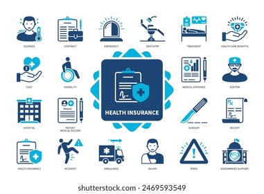 Health Insurance icon set. Sickness, Injury, Dentistry, Hospital, Health Care Benefits, Accident, Doctor, Cost. Duotone color solid icons