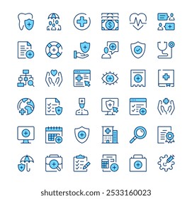 Health insurance icons. Outline symbols. Vector blue line icons set