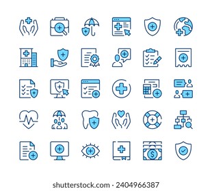 Health insurance icons set. Vector line icons. Blue color outline stroke symbols. Modern concepts