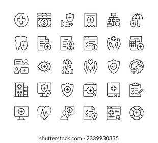Health insurance icons. Vector line icons set. Medical insurance concepts. Black outline stroke symbols
