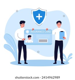 Health insurance illustration . Doctor hands over the insurance ID to the patient. Medicine and healthcare concept. Vector illustration.