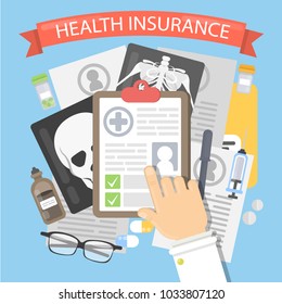 Health insurance illustration. Personal documents, card and x-ray images.