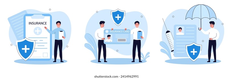 Health insurance illustration set. Doctor offering medical insurance policy contract. Doctor hands over the insurance ID to the patient. Medicine and healthcare concept. Vector illustration.