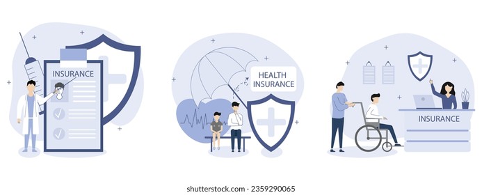Krankenversicherung der Abbildungen gesetzt.Mann mit einer Behinderung erhält Krankenversicherung, ein Arzt bietet Krankenversicherung, Kinderkrankenversicherung.Medizin und Gesundheitswesen Konzept. Vektorgrafiken.