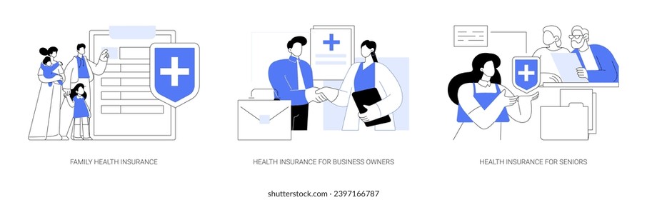 Health insurance isolated cartoon vector illustrations set. Family buy medical insurance, business people sign contract, company healthcare, senior people health expenses protection vector cartoon.