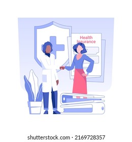 Health insurance isolated concept vector illustration. Woman making successful deal in medical insurance, business industry, health protection, meeting with doctor vector concept.