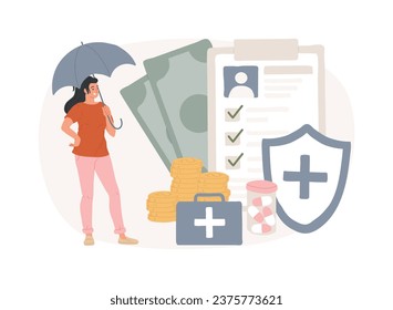 Health insurance isolated concept vector illustration. Health insurance contract, medical expenses, claim application form, agent consultation, sign document, emergency coverage vector concept.