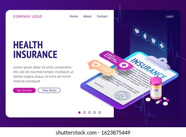 Health insurance isometric landing page. Policy document form lying on tablet for paper with pills bottle nearby. Medical protection for life guarantee, investment. 3d vector illustration, web banner