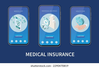 Health insurance isometric set with medical mobile app isolated vector illustration